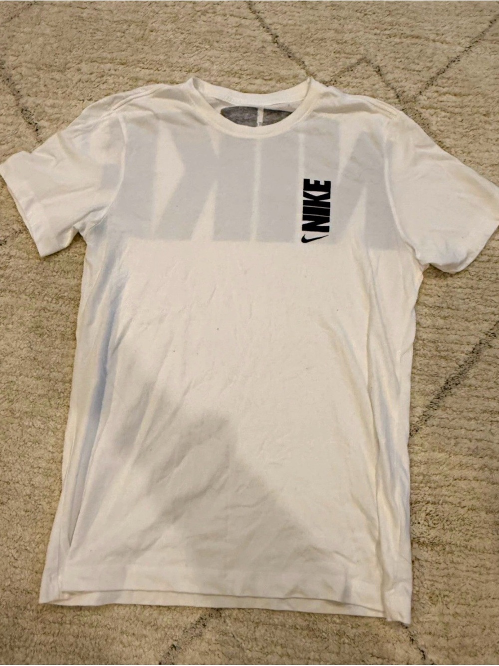Nike White Short Sleeve Crew with Vertical Black Logo Size M